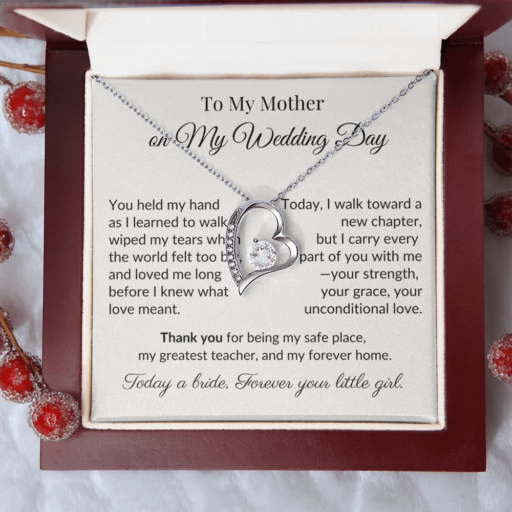 To My Mother on My Wedding Day - Heart Necklace Gift for Mom from Daughter - Bridal Keepsake Jewelry