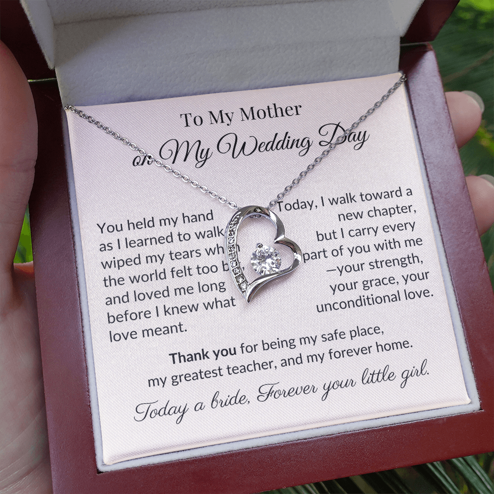 To My Mother on My Wedding Day - Heart Necklace Gift for Mom from Daughter - Bridal Keepsake Jewelry