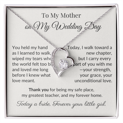 To My Mother on My Wedding Day - Heart Necklace Gift for Mom from Daughter - Bridal Keepsake Jewelry